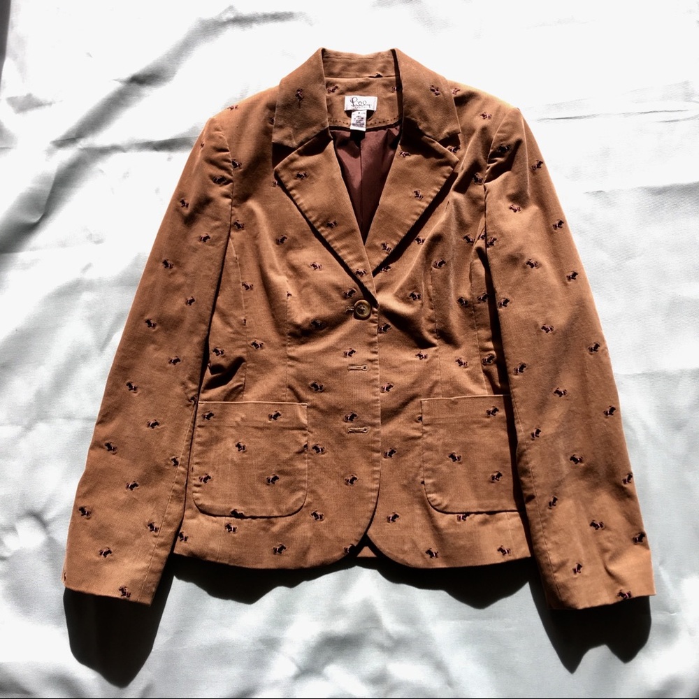 Lily Pulitzer cord blazer with puppy embroidery.